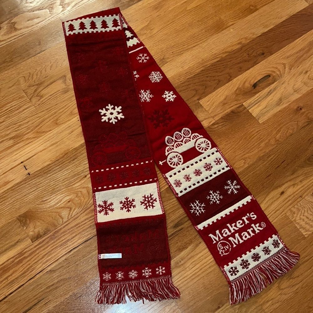 Makers Mark Whiskey Bourbon Winter Scarf holiday snowflake Red/Cream 6 1/2”x66”